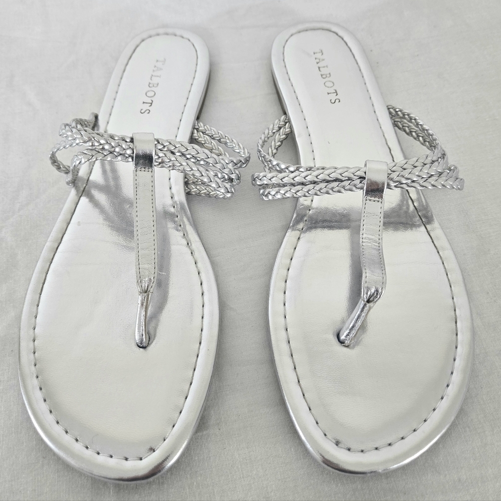 Talbots Cece Metallic Silver Braided Sandals Faux Leather Straps, size 10M